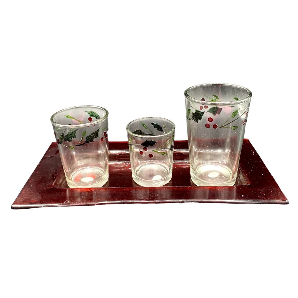 Christmas Pfaltzgraff Winterberry Votive Garden Candle Holders & Tray Set of 3 - Picture 1 of 5